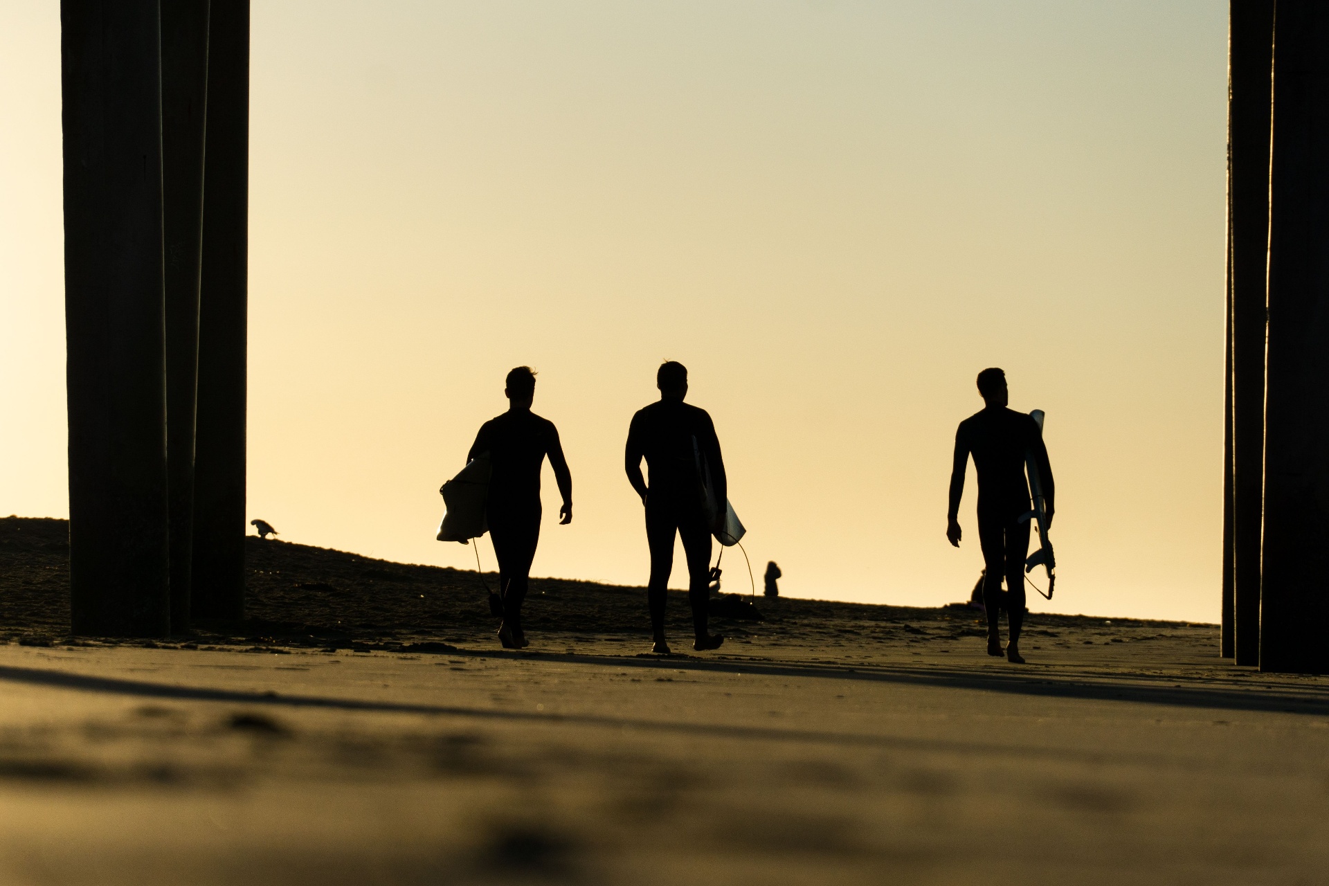 Surfers at sunset on Huntington Beach